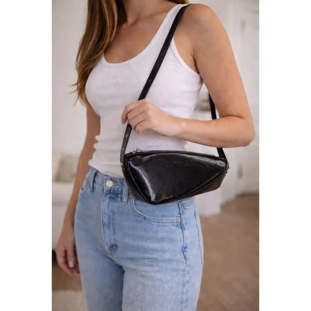 Zara Black Faux Patent Leather Asymmetrical Mini Shoulder Bag Y2K